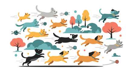 A lively and joyful pack of dogs running through a park with trees and bushes.