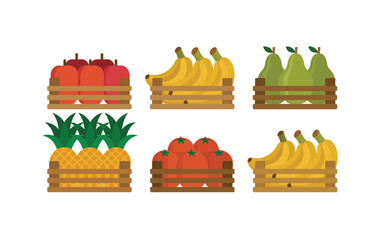 Collection of fresh fruits in wooden crates on white background