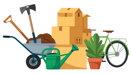 Moving day with garden tools and bicycle illustration