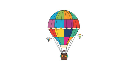 Fototapeta premium An illustration of a colorful hot air balloon with a basket and smaller balloons attached.
