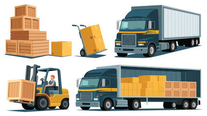 Logistics and delivery services with trucks and forklift moving boxes
