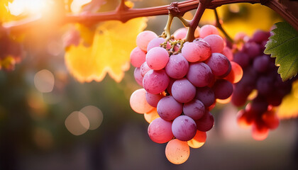 red grapes on vineyard with bokehs