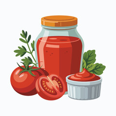 Glass jar and small bowl filled with vibrant red tomato sauce and fresh tomatoes