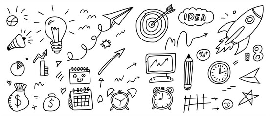 Collection of hand drawn doodle icons representing business ideas innovation strategy and success elements