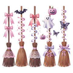 Whimsical halloween brooms decorated with ribbons and cute ornaments