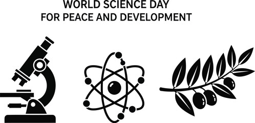 Naklejka premium World science day for peace and development with microscope, atom and olive branch