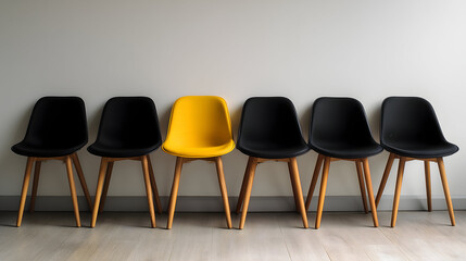 Obraz premium Row of black chairs punctuated by a vibrant yellow seat stands out in a room with a hardwood floor and plain wall.