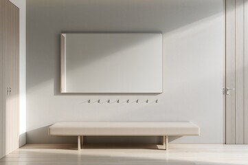 Minimalist entryway design featuring a sleek mirror, bench, and coat hooks casting warm shadows in a modern home interior, ideal for real estate visuals
