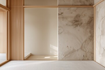 Serene interior with natural light casting shadows, perfect for showcasing minimalist designs or creating a calming atmosphere in modern homes