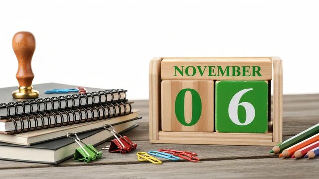 Wooden desk calendar showing november 6 with school supplies