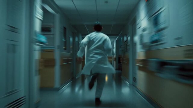 A cinematic scene of a doctor rushing through a hospital hallway, capturing the urgency, tension, and heroism of a healthcare professional in motion during a dramatic life-saving moment