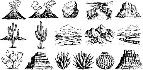 Fototapeta premium Collection of handdrawn sketches depicting desert landscape elements and geological formations isolated on transparent background