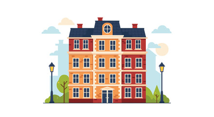 A colorful apartment building with windows and doors surrounded by trees and streetlights.