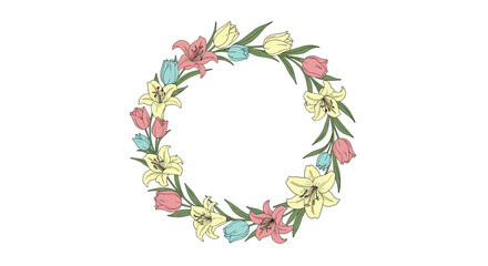 Obraz premium A delicate circular floral wreath with soft pastel colored blossoms and green leaves symbolizing spring and natural beauty.