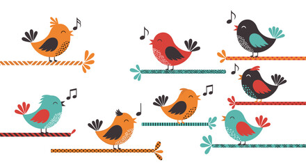 A cheerful chorus of colorful little birds singing on branches.