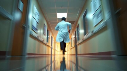 A cinematic scene of a doctor rushing through a hospital hallway, capturing the urgency, tension, and heroism of a healthcare professional in motion during a dramatic life-saving moment - Powered by Adobe