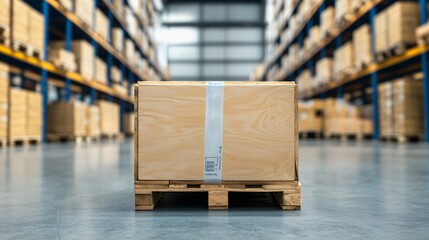 Gold bullion transport crate sealed with security tape and RFID tag in logistics warehouse.