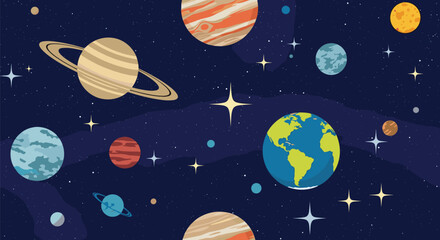 A vibrant pixel art depiction of our solar system with planets and stars in deep space.