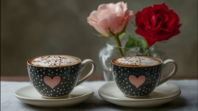Two charming coffee cups adorned with hearts, presented on saucers alongside roses, creating a romantic and cozy ambiance.