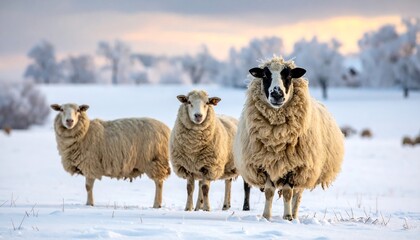 Three fluffy sheep stand in snow with a distant sunrise, winter scene