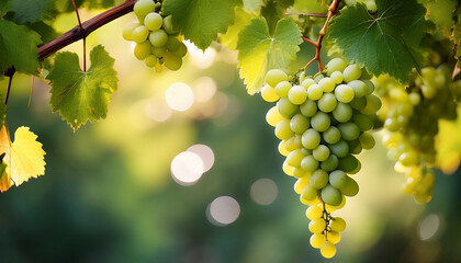 green grapes in vineyard with bokehs 