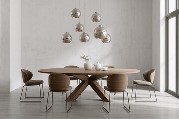 Elegant dining room interior for sophisticated living featuring stylish wood table, chairs, and modern pendant lights creating a warm, inviting atmosphere
