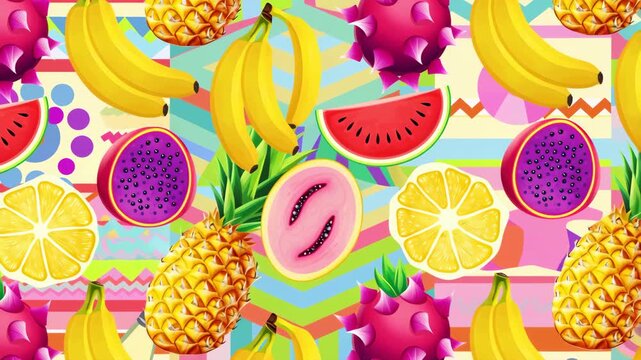 Animated tropical fruits pattern seamless loop