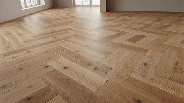 Light wooden herringbone flooring in modern room interior  