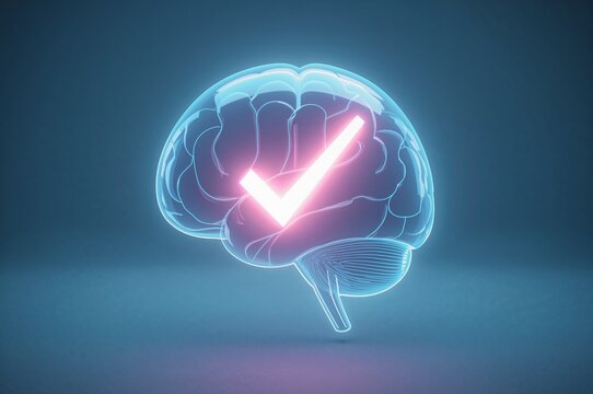 Brilliant brainpower confirmed with glowing checkmark, symbolizing innovation, intelligence, and problem-solving success for your next project or campaign