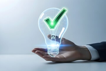 Validated idea presented with a glowing lightbulb and checkmark, symbolizing success and innovation in the palm of a hand ready to grow business