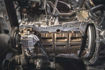 Fototapeta premium Detailed internal engine view, showcasing intricate components and mechanical structures.