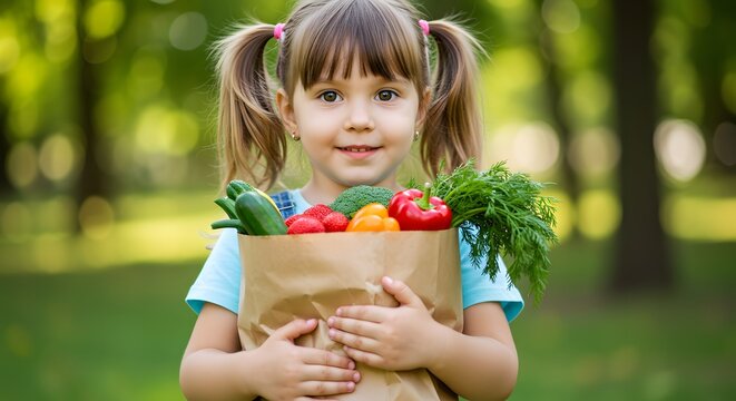 Smiling young girl holding a bag of fresh vegetables in a sun-dappled park setting