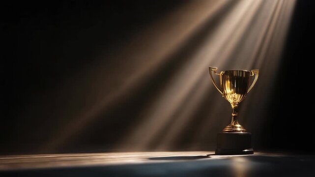 A golden trophy stands on a dark surface, illuminated by beams of light from above. The background is black, enhancing the trophy's shine and prominence.