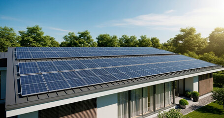 Embrace sustainable living with this modern home featuring sleek solar panels capturing abundant sunlight for clean energy generation.