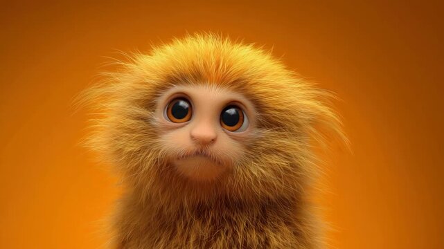 A cute, fluffy, orange creature with large eyes and a round face. The background is a warm orange color, creating a cheerful atmosphere.