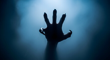 Monster hand with long claws reaching out of dark fog. Scary gesture expressing fear or horror for Halloween banner concept with copy space for movie or cinematic poster.