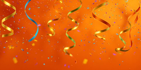 Festive gold and blue serpentine ribbons and confetti on an orange background