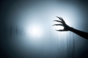 Monster hand with long claws reaching out of dark fog or wet glass.. Scary gesture expressing fear or horror for Halloween banner concept with copy space for movie or cinematic poster.