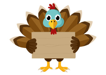 Cute cartoon turkey character holding a blank wooden sign. Editable vector illustration ideal for adding custom text or messages.
