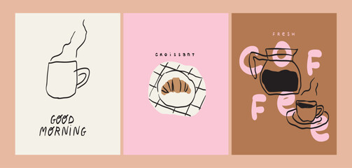 Hand drawn breakfast cards. Vector illustration of food and coffee in doodle naive ink, chalk, crayon drawing style. Minimalist line art for prints, posters, placards, menus in cafe or restaurant.