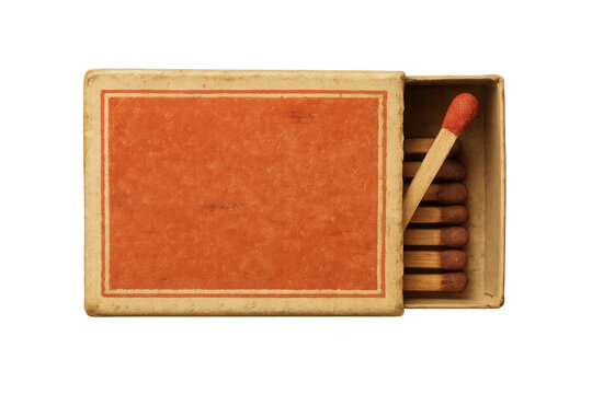 Old half-open matchbox with a stack of matches and an empty red label, showing vintage fire starter