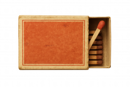 Old half-open matchbox with a stack of matches and an empty red label, showing vintage fire starter