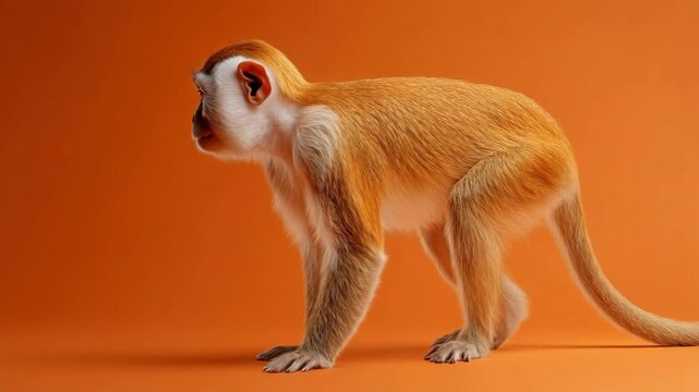 A golden snub-nosed monkey stands on a vibrant orange background. The monkey has a distinctive golden fur coat and a playful expression.