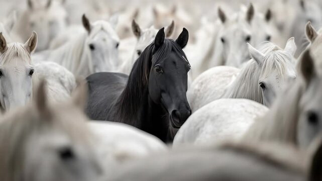 A black horse stands out among a herd of white horses in a blurred background. The scene captures the contrast between the two colors in a natural setting.