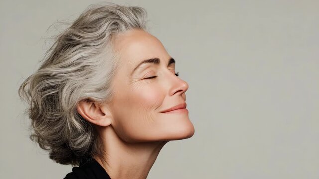 A senior  woman with gray hair smiles gently, eyes closed, showcasing a serene expression against a neutral background.