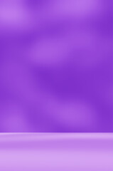 Empty purple studio room for product presentation with shadow of tree leaves on the wall. Interior concrete wall and floor design backdrop for displaying products. Shadow overlay effect.