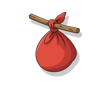 Red hobo bag tied to a wooden stick isolated on white background