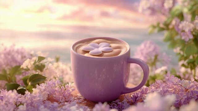 A pink cup of coffee sits among blooming lilac flowers by the water. The scene captures a serene and tranquil atmosphere with soft pastel colors.