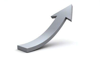 A silver arrow curves upward against a white background, casting a soft shadow