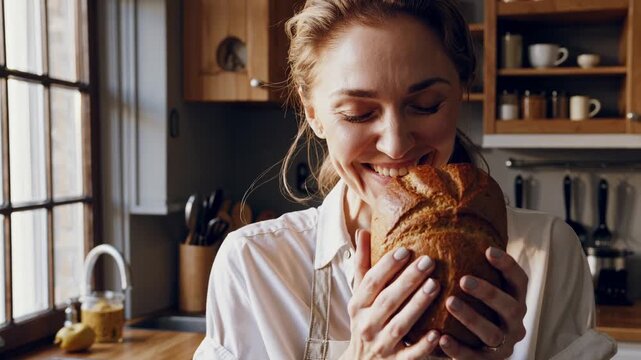 Joyful woman in an apron smelling a warm, freshly baked loaf of bread in a rustic kitchen. She smiles, enjoying the delicious aroma